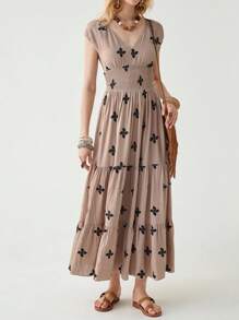 Florisole 女式春夏波西米亚风褶皱收腰花卉印花 A 字长裙 - 卡其色 - 查看 5