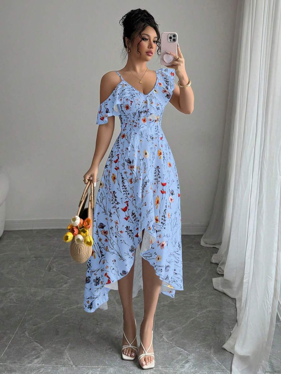 Selianne Summer Elegant Asymmetric Ruffle Hem Floral Print Dress - Blue - View 1