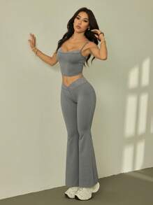 SHEIN PETITE 夏季黑色蕾丝拼接吊带+喇叭裤女修身两件套 - 灰色 - 查看 1