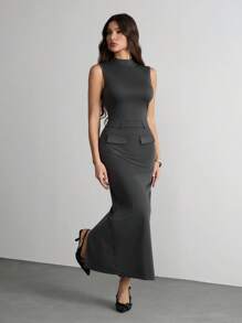 SHEIN Tall Sleeveless Solid Color Crop Top And Bodycon Skirt 2-Piece Set Office Outfits For Women Business Women Attire - Grey - View 4