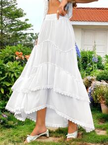 SHEIN VCAY Minigonna asimmetrica con vita elastica e pizzo a contrasto, per vacanze estive, abbigliamento estivo da donna