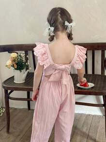 LMoss Kids Mono de niña joven con volantes de unicolor trenzado - Rosa - Ver 5