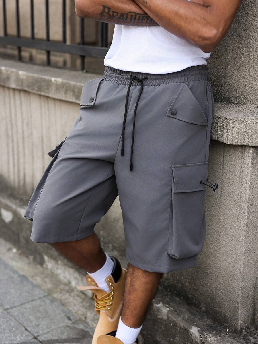 Manfinity EMRG Men's Solid Drawstring Waist Loose Casual Cargo Shorts - Dark Grey - View 1