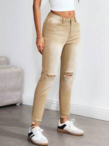 Flexra Jeans casuales y versátiles de mujer ajustados con bolsillos y desgastados - Amarillo - Ver 5