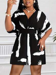 Maweii Bộ đồ liền thân ống rộng tay raglan cổ chữ V in họa tiết đen trắng cỡ lớn cho nữ, thiết kế thời trang cho ngày lễ, lễ hội âm nhạc, trang phục câu lạc bộ, mùa xuân và mùa hè - Đen và trắng - Xem 7