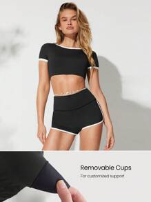 GLOWMODE Power Dip Nhanh Khô Chống Clo Có Thể Tháo Rời Các Cốc Colorblock Viền Lưng Thấp Cổ Tròn Tay Ngắn Áo Bikini Ngắn Áo Bơi Bãi Biển Hồ Bơi Kỳ Nghỉ Khu Nghỉ Dưỡng Du Lịch Mặc Mùa Hè - màu đen - Xem 3