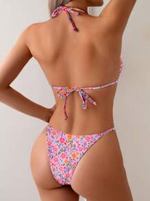 Women's 2Pcs Tropical Plant Print Halter Sexy Bikini Set, Summer - Multicolor - View 2