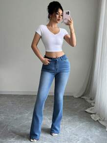 Elenzga 女士时尚休闲高腰修身喇叭牛仔裤 - 中等水洗藍 - 查看 2