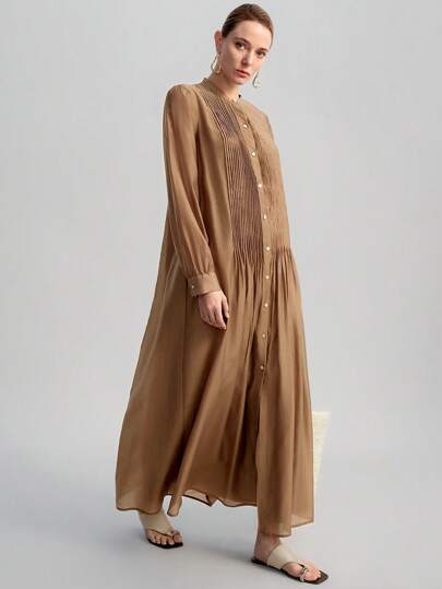 Ontre Women's Elegant Minimalist Gathered Long Sleeve Dress, Bohemian Style, Brown Color, Summer Dress