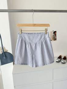 SHEIN LUNE 女士服装夏季棉质条纹V形松紧腰女式短裤，适合夏季休闲和度假 - 藍白色 - 查看 2