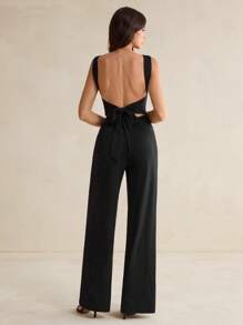 SHEIN Tall Bộ đồ liền thân ống rộng không dây buộc nơ hở lưng màu đen thanh lịch mùa xuân và mùa hè, trang phục hẹn hò hàng ngày, trang phục dự tiệc, trang phục lót thanh lịch cho phụ nữ, trang phục đi chơi, bộ đồ liền thân bất đối xứng, bộ đồ liền thân ngày lễ tình nhân, bộ đồ liền thân hàng ngày, bộ đồ liền thân thanh lịch - màu đen - Xem 3