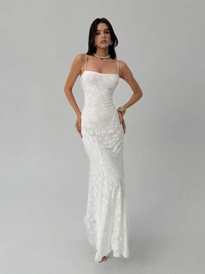 Aloruh Women Long Backless Lace Dress, Solid White Color Cross-Back Tie Strap, Suitable For Vacation, Wedding Season, Spring/Summer Party Dresses For Women White Dresses For Women