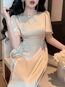 DAZY Elegant Solid Color Round Neck Ruffle Sleeve Long Dress For Women, Summer Prom Dress - Beige - View 3