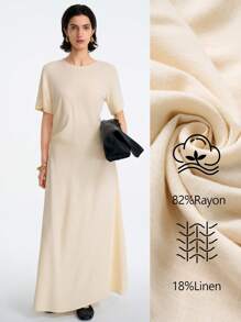 Aalyst 女式夏季休闲约会海滩度假波西米亚风简约优雅编织亚麻米色翻领短袖褶皱腰 A 字长裙 - 杏色 - 查看 1