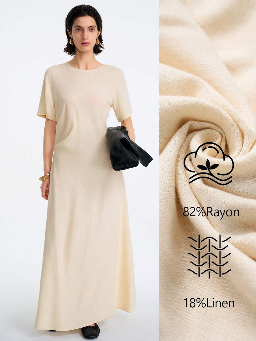 Aalyst 女式夏季休闲约会海滩度假波西米亚风简约优雅编织亚麻米色翻领短袖褶皱腰 A 字长裙 - 杏色 - 查看 1