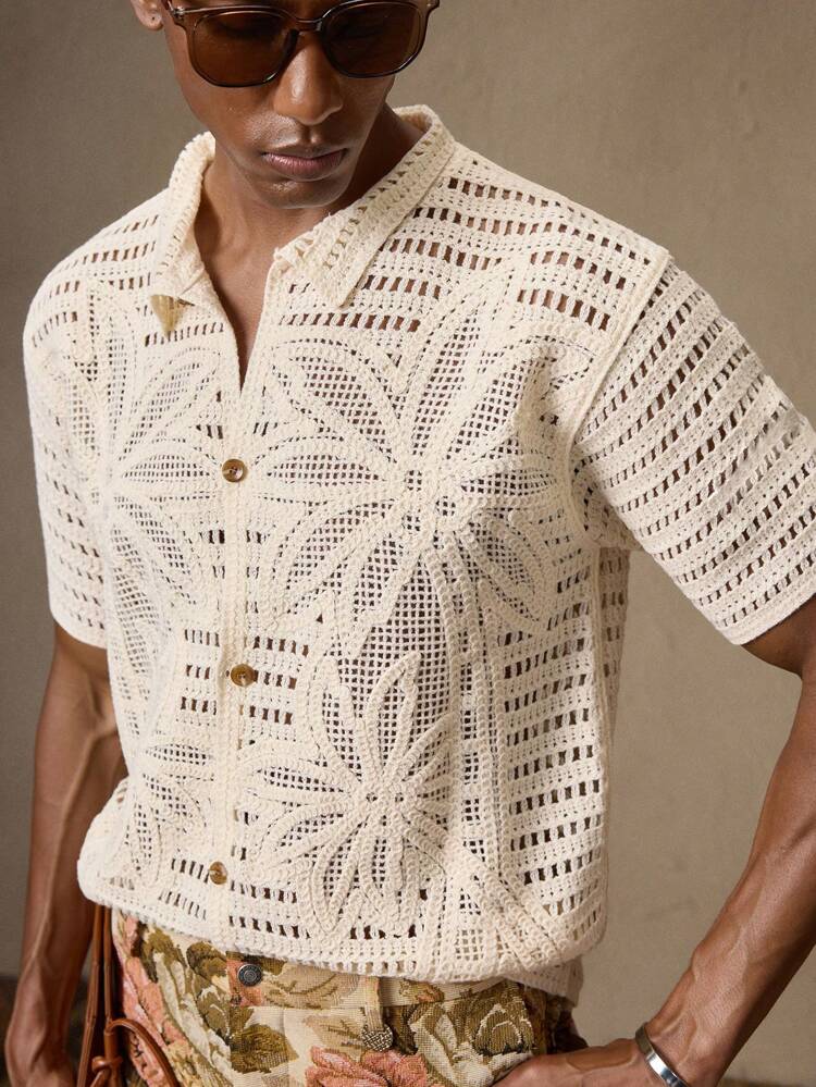 Men's Knitted Crocheted Palm Tree Pattern Casual Loose Short Sleeve Knit Shirt, Apricot Color Suitable For Summer, Vacation, Daily Matching, Party, Couple Wear, Men's Gift, Beach, Father's Day Gift