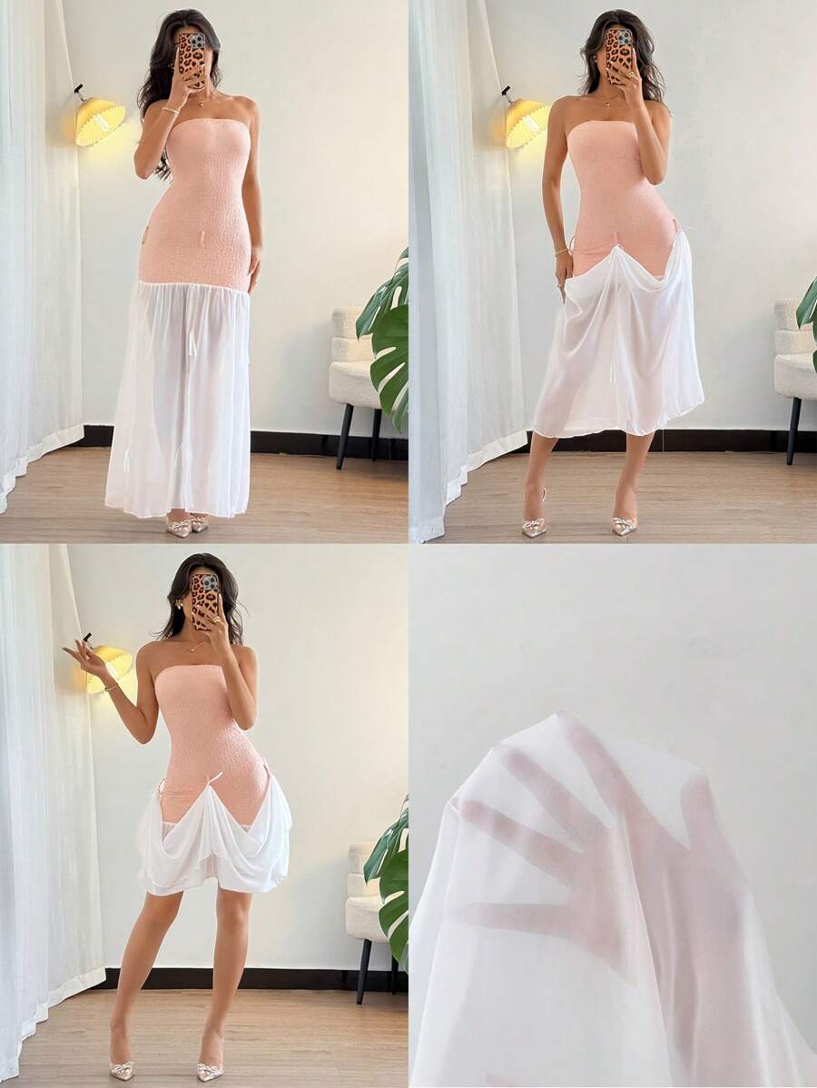 Chiquease Elegant Sleeveless Contrast Color Ruffle Hem Bodycon Dress