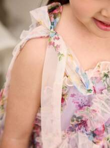 Glamorique Kids Vestido elegante sin mangas con estampado floral de organza y patchwork para niña joven