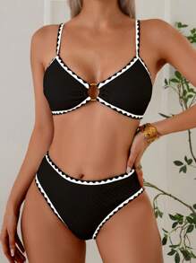 SHEIN Bikini hở lưng 2 mảnh họa tiết vải trơn màu có dây đeo vai viền tròn thiết kế cho nữ đi biển - màu đen - Xem 3