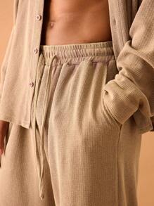 Musero Elasticated Washed Waffle Jogger Pants Only Summer Smart Streetstyle Vacation Casual - Khaki - View 5