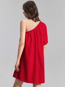 Ontre 2025 Women's Summer Elegant Red Party Dress,Strapless Puff Asymmetric Ruffle Sleeve,Solid Color Straight Casual Short Dress,Bohemian Vacation Style - Pink - View 2