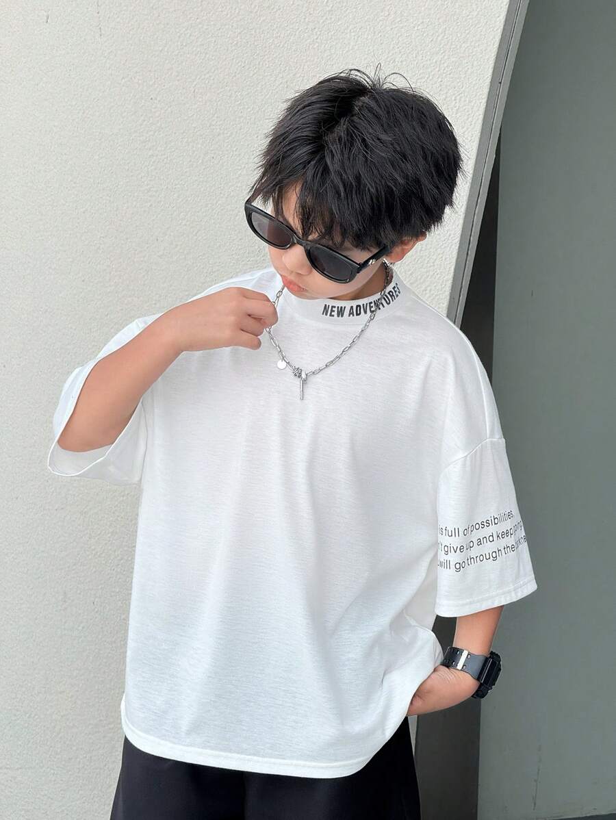 SHEIN Tween Boy White Summer Oversized Graphic City Break Korean Short Sleeve Letter & Graphic Print T-Shirt,Half-Neck Round Neck Casual Daily Wear Sports - White - View 1