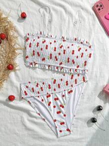 SHEIN Conjunto de dos piezas de traje de baño con top de tirantes con volantes y Bottom de bikini triangular con estampado de cerezas para adolescentes, para vacaciones en la playa, verano - Blanco - Ver 2