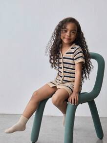 Ontre Young Girl Fashionable Minimalist Versatile Ribbed Striped Short Sleeve Fit & Flare Round Neck Front Button Knit Dress, Suitable For Outdoor, Home, Back To School, Spring/Summer - Black and White - View 5