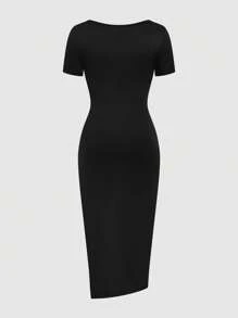 SHEIN MOOSTA Fashionable Summer Square Neck Short Sleeve Elastic Side Slit Bodycon Dress - Black - View 2