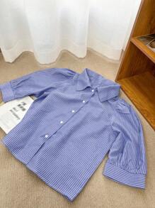 DAZY Women's Turn-Down Collar Striped Half Sleeve Lantern Sleeve Loose Blouse, Spring/Summer/Autumn