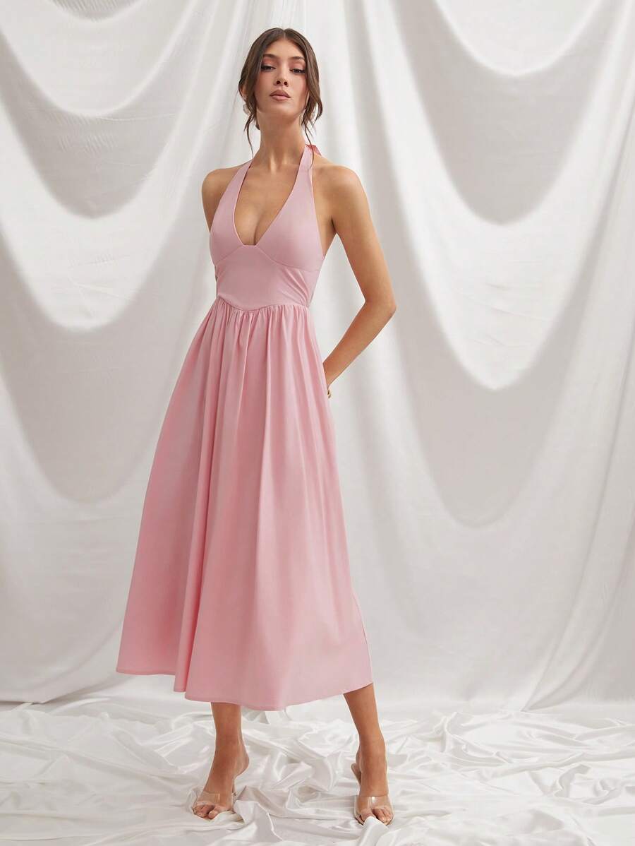 L'Amorae Vestido midi entallado y acampanado con cuello halter para mujer - Rosa - Ver 1