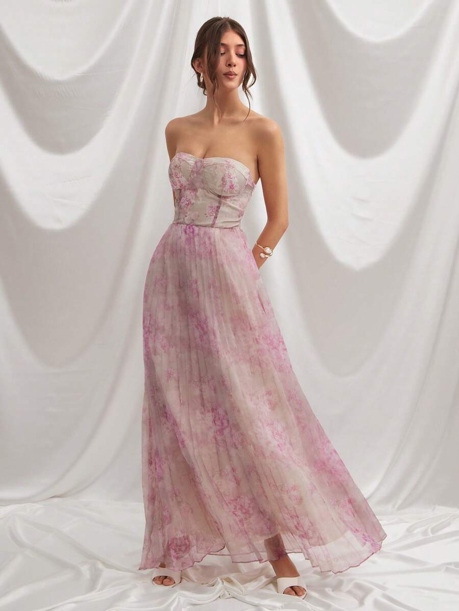 L'Amorae 冬季女装，女士浪漫优雅薰衣草花卉印花褶边露肩紧身长裙，优雅优雅的女士连衣裙。适合约会、演唱会、演出、婚礼、正式礼服 - 粉色 - 查看 1