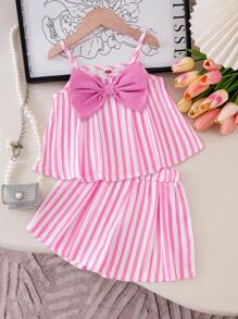 Elladie kids Bộ áo hai dây kẻ sọc hồng và nơ hồng đáng yêu cho bé gái, thoải mái để mặc hàng ngày, trang phục mùa hè có nơ cho bé gái trong kỳ nghỉ hè. - Hồng - Xem 1