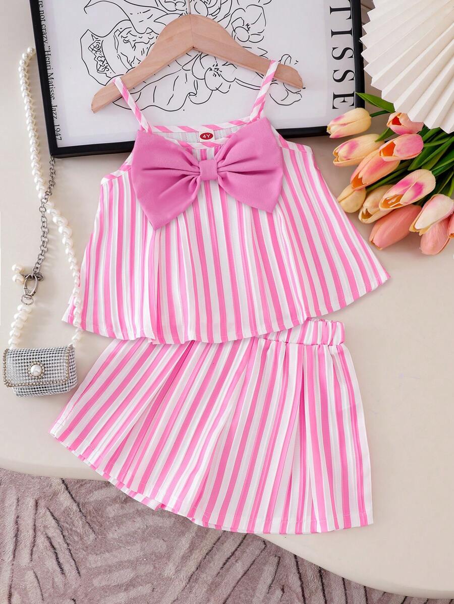 Elladie kids Bộ áo hai dây kẻ sọc hồng và nơ hồng đáng yêu cho bé gái, thoải mái để mặc hàng ngày, trang phục mùa hè có nơ cho bé gái trong kỳ nghỉ hè. - Hồng - Xem 1