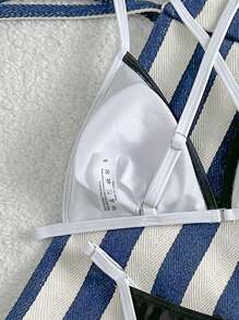 SHEIN Swim Conjunto de bikini de dos piezas ajustable para mujer, con diseño minimalista y ribete en contraste negro y blanco - Blanco y Negro - Ver 5