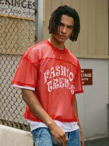 Manfinity Streetrush Camiseta de manga corta con diseño de letra de estilo callejero joven, semi transparente y con hombros caídos