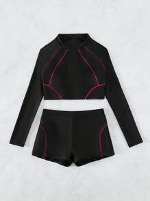 Swim SPRTY Women Contrast Piping Raglan Sleeve Crop Rash Guard Set - Multicolor - View 3