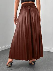 EURMUSE High Waist Pleated Skirt - Mocha Brown - View 2