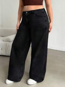 EURMUSE 100%Cotton Women's Plus Size Black Straight Leg Jeans - Dark Grey - View 4