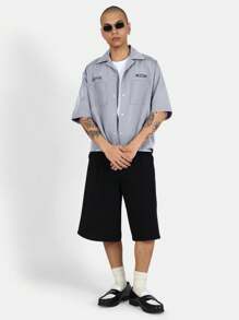 SUMWON Vintage Workwear Button Down Short Sleeve Work Shirt With Patch Pockets Utilitarian Industrial Street Style Boxy Fit Summer Spring Casual Wear - Light Grey - View 4