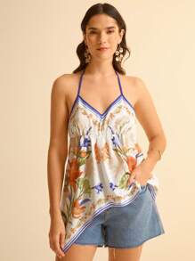CAJUNI Top de tirantes finos asimétrico con pliegues y estampado floral para mujeres, con espalda descubierta y diseño sexy, para verano