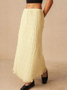 Poéselle Women Solid Color Minimalist Drawstring Skirt,Butter Yellow - Yellow - View 6