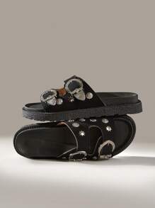 Solecia Women's Fashionable Versatile Thick-Sole Retro Slide Sandals - Black - View 6
