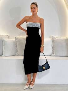 Lavishia Black & White Contrast Color Block Lace Trim Fitted Mid-Length Dress For Women, Elegant, Fashion, Romantic, Everyday Wear, Summer  Classy Outfits For Women  Elegant Dresses For Women Festival Outfits Concert Outfits For Women      Elegant Dresses For Women Outfits For Women Beach Outfits For Woman Beach Vacation Outfits  Summer Outfits For Women  Sexy Dresses For Women Cruise Outfits Women - Black and White - View 5