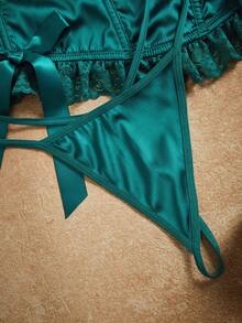 Retro Palace Style Satin Bustier With Ruffle, Bow Decor Sexy Layered Classic Women's Intimate - Dark Green - View 3