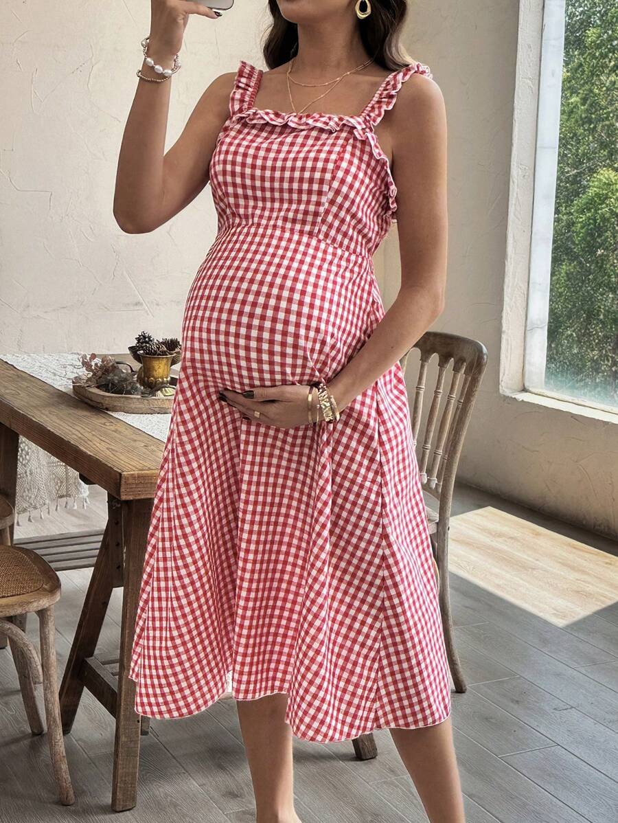 SHEIN Maternity Plaid Print Ruffle Trim Sleeveless Summer Dress - Red - View 1