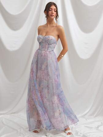 L'Amorae 冬季女装，女士浪漫优雅薰衣草花卉印花褶边露肩紧身长裙，优雅优雅的女士连衣裙。适合约会、演唱会、演出、婚礼、正式礼服