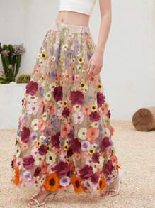 Aveloria Rosie Elegant Ladylike Embroidered Net Jacquard Flare Skirt For Women Boho Vacation Fashionable Style For Spring Fall - Beige - View 7