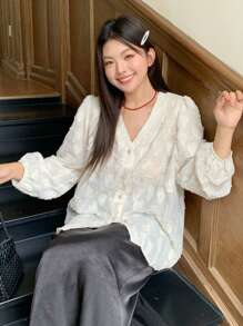 Dazy Plus Plus Size V-Neck Lace Trim Loose 3/4 Sleeve White Shirt Long Sleeve Top - White - View 6