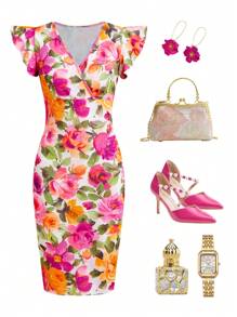 Ellevyn V-Neck Floral Print Cap Sleeve Fitted Dress, Chill Vacation  Springbreak,Engagement Dress,Bohemian Clothes - Multicolor - View 7